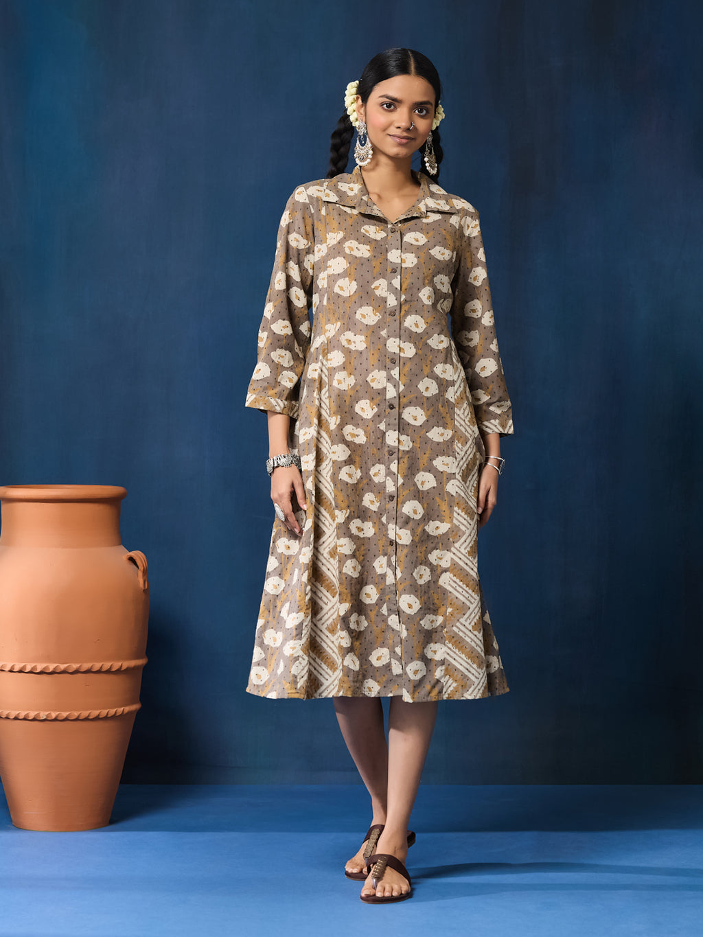 VASVI Women Cotton Hand Block Printed A-line Kurta, Brown