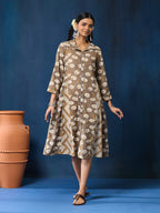 VASVI Women Cotton Hand Block Printed A-line Kurta, Brown