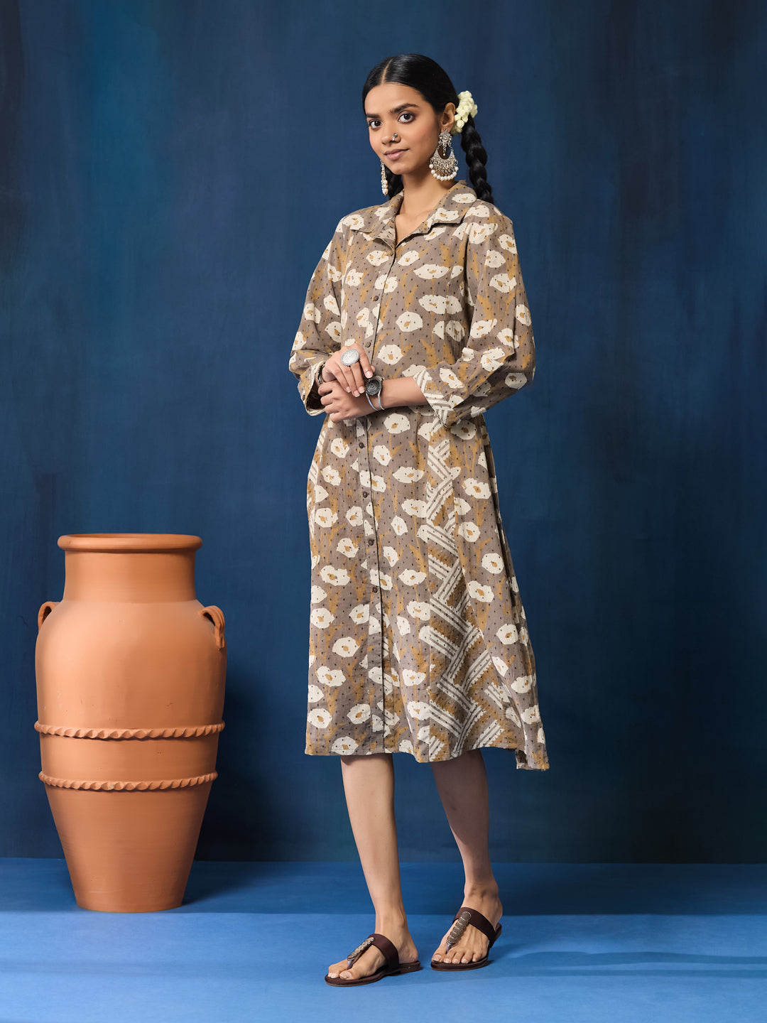 VASVI Women Cotton Hand Block Printed A-line Kurta, Brown