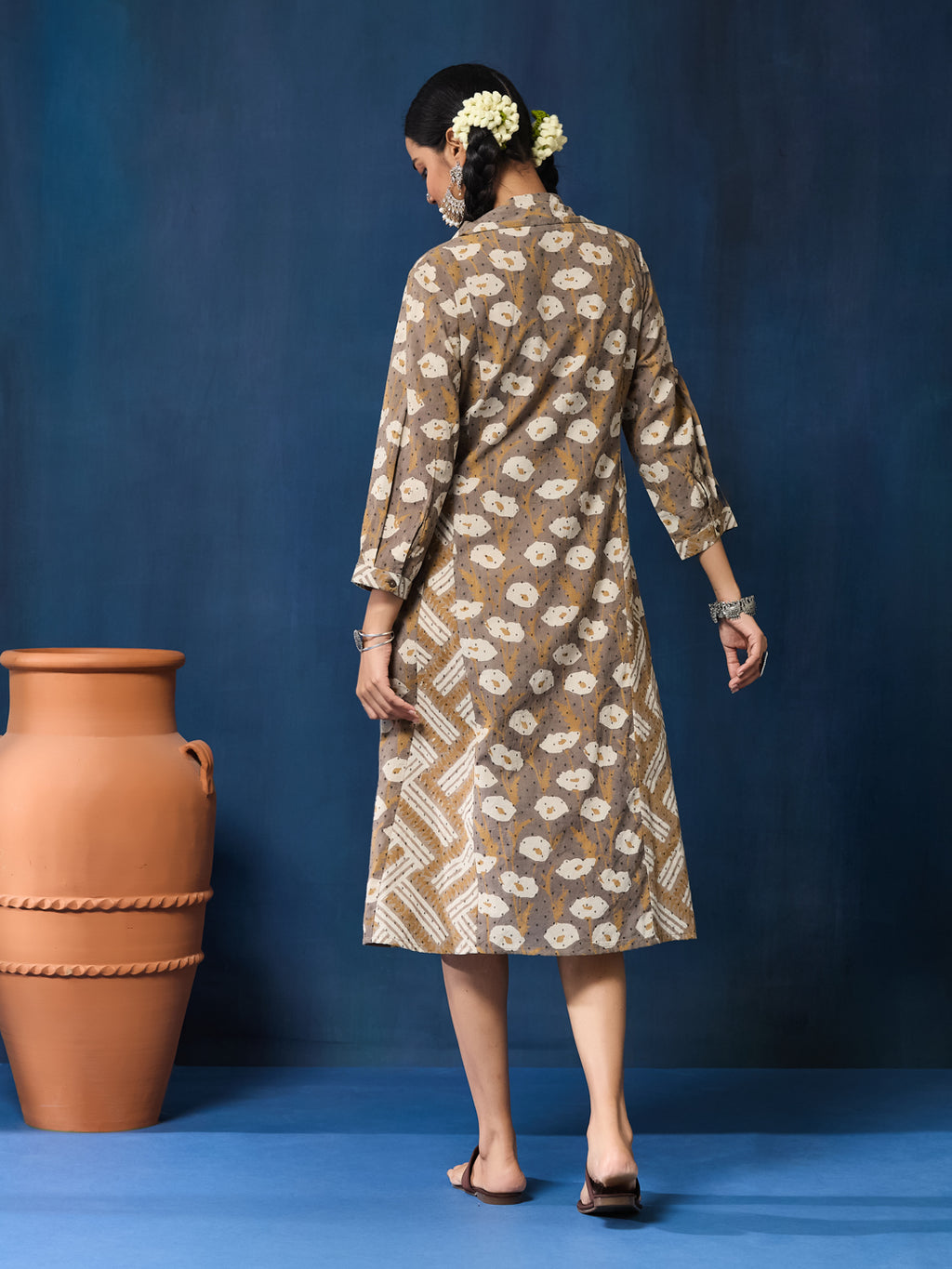 VASVI Women Cotton Hand Block Printed A-line Kurta, Brown