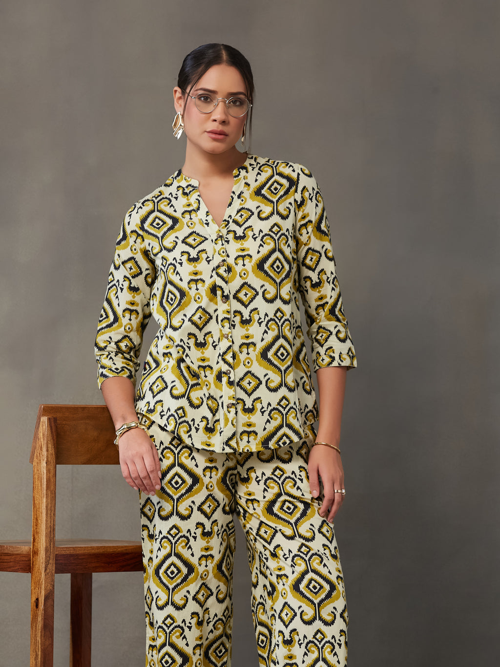 VASVI Women Cotton Printed Co-ords Set, Olive Green