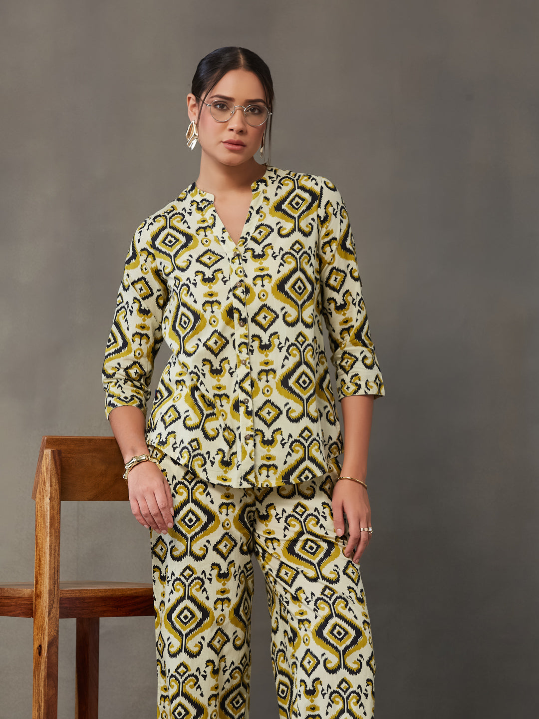 VASVI Women Cotton Printed Co-ords Set, Olive Green