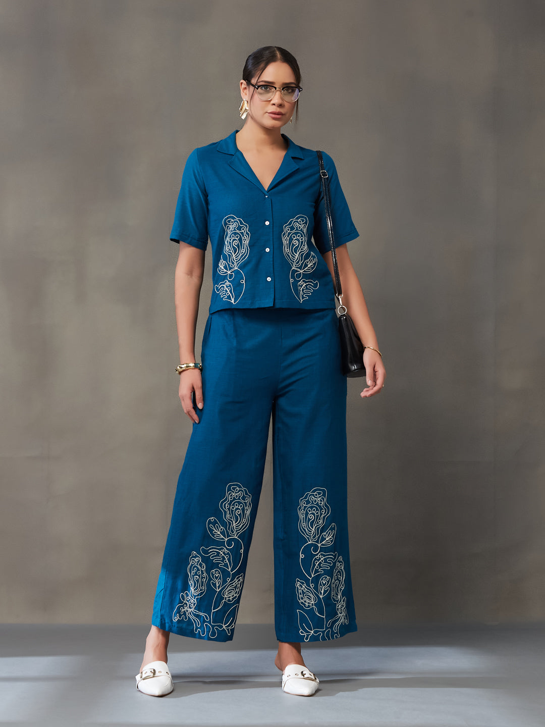 VASVI Women Cotton Embroidered Co-ords Set, Teal