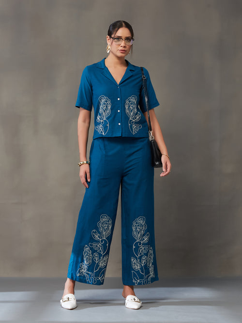VASVI Women Cotton Embroidered Co-ords Set, Teal
