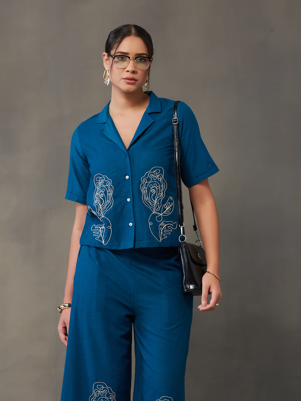VASVI Women Cotton Embroidered Co-ords Set, Teal