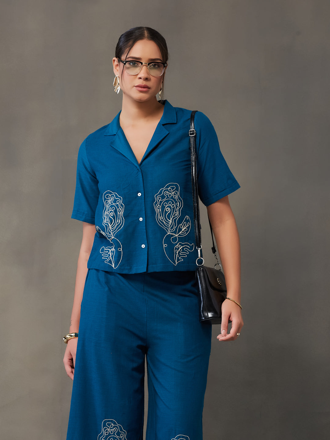 VASVI Women Cotton Embroidered Co-ords Set, Teal