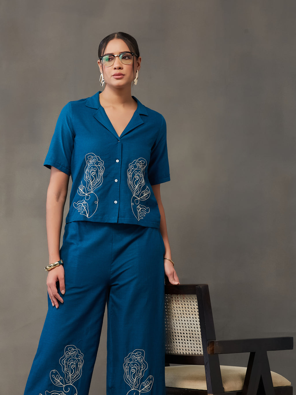 VASVI Women Cotton Embroidered Co-ords Set, Teal