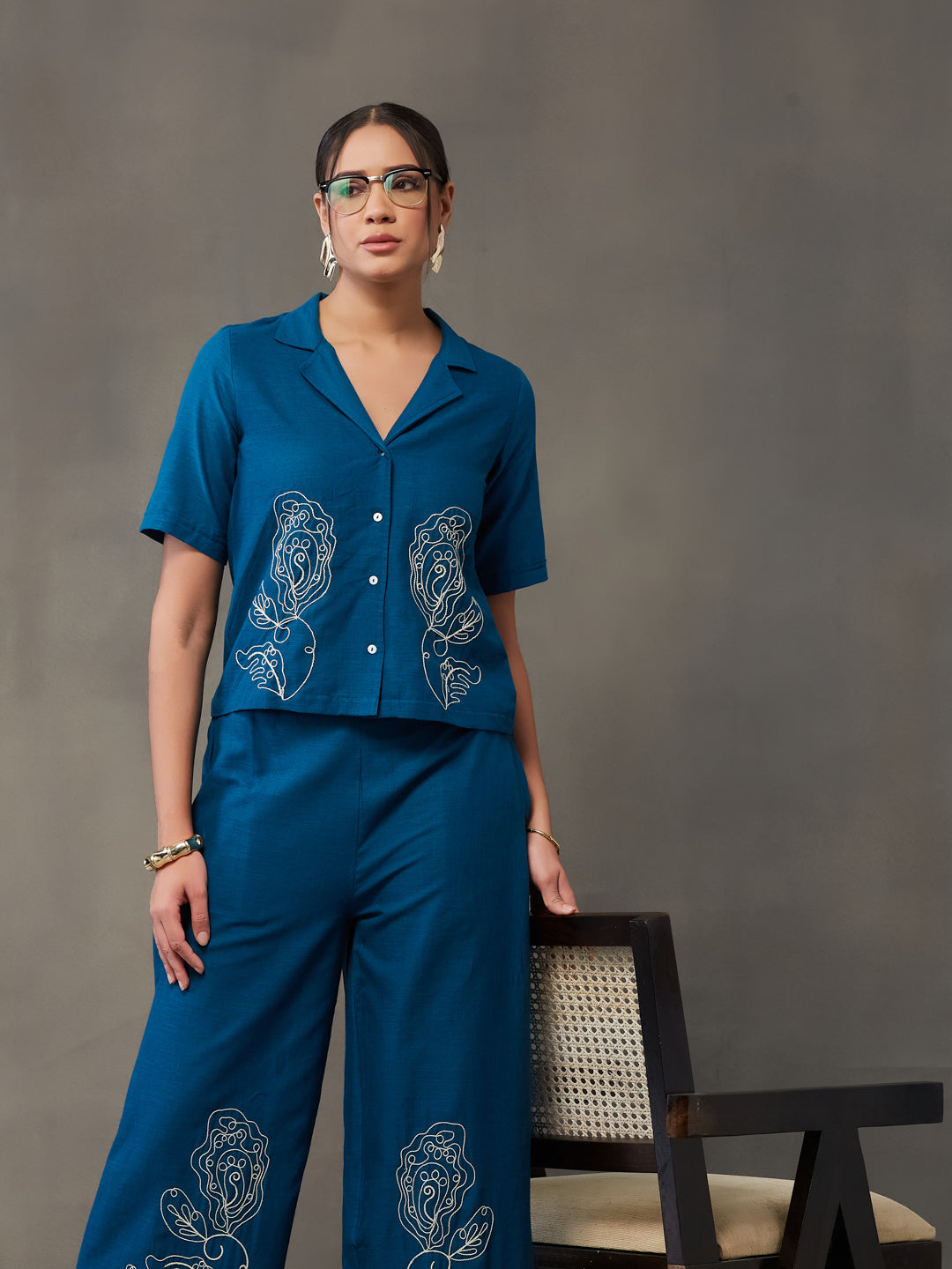 VASVI Women Cotton Embroidered Co-ords Set, Teal
