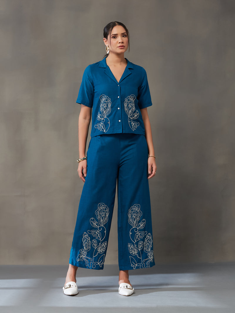 VASVI Women Cotton Embroidered Co-ords Set, Teal
