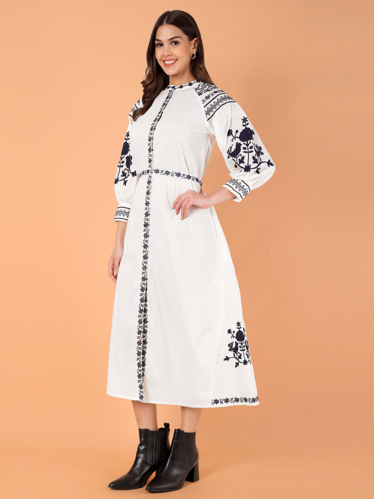 VASVI Women Cotton Embroidered A-line Dress, White