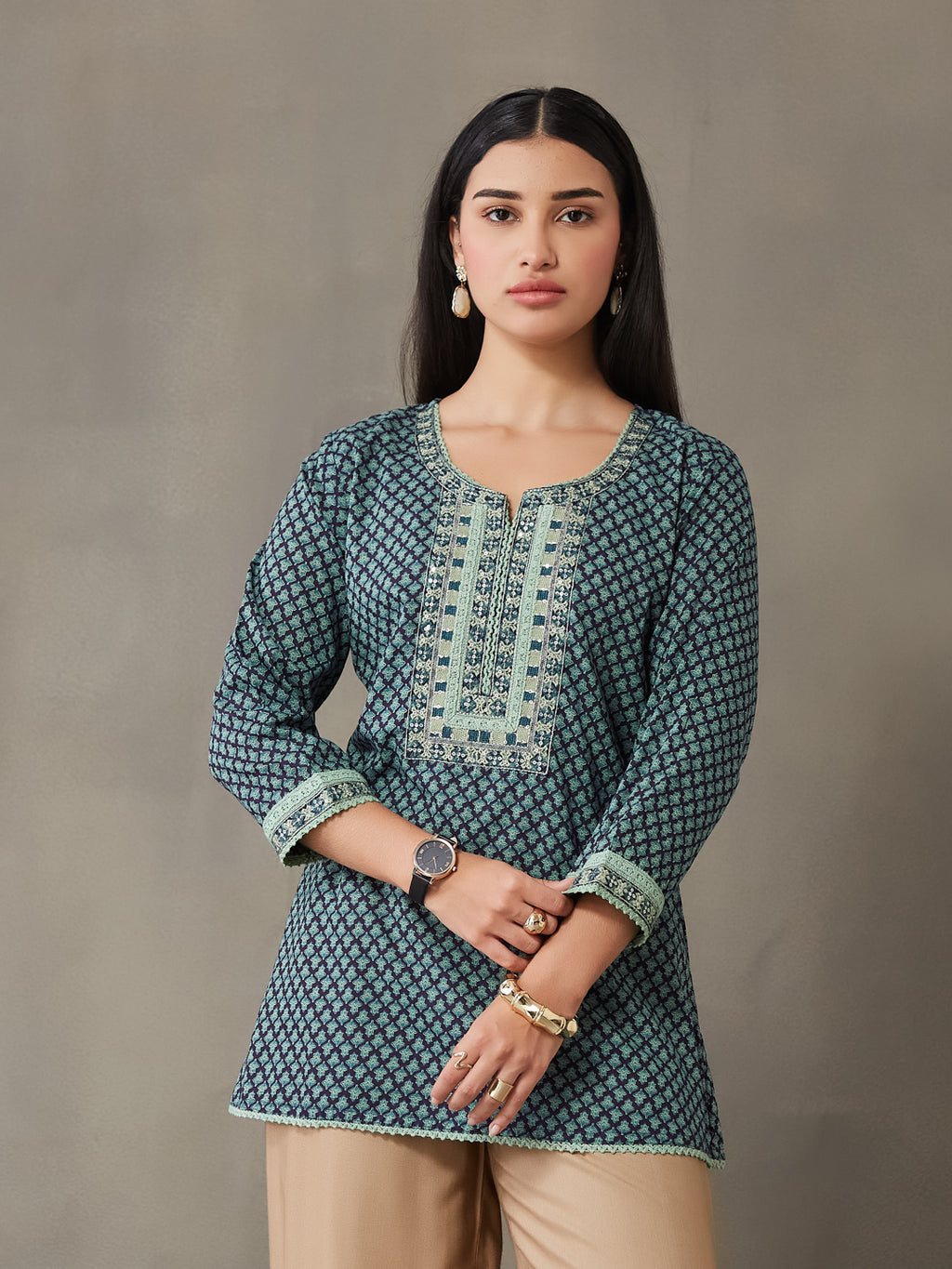 VASVI Women Taffeta Printed Yoke Embroidered Top, Green