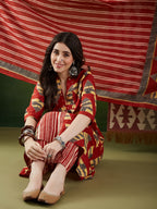 VASVI Women Cotton Printed Flared Kurta Set with Dupatta, Rust
