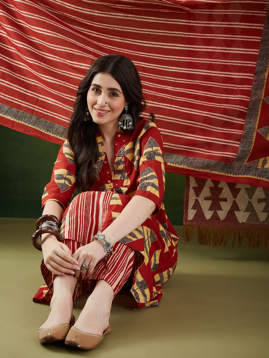 VASVI Women Cotton Printed Flared Kurta Set with Dupatta, Rust