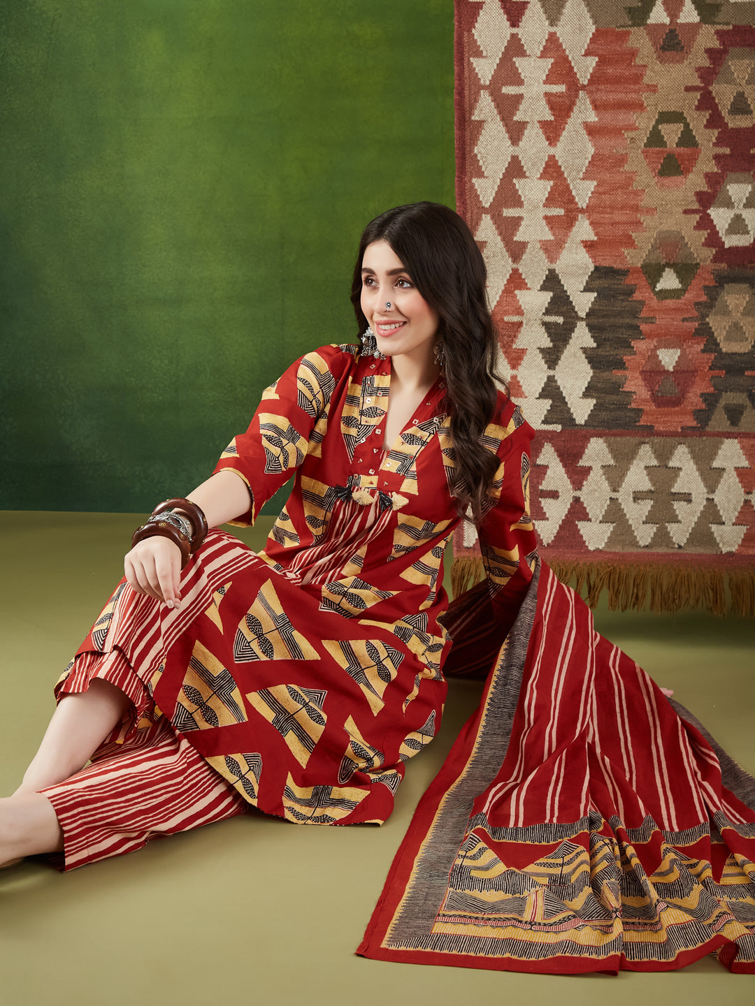 VASVI Women Cotton Printed Flared Kurta Set with Dupatta, Rust