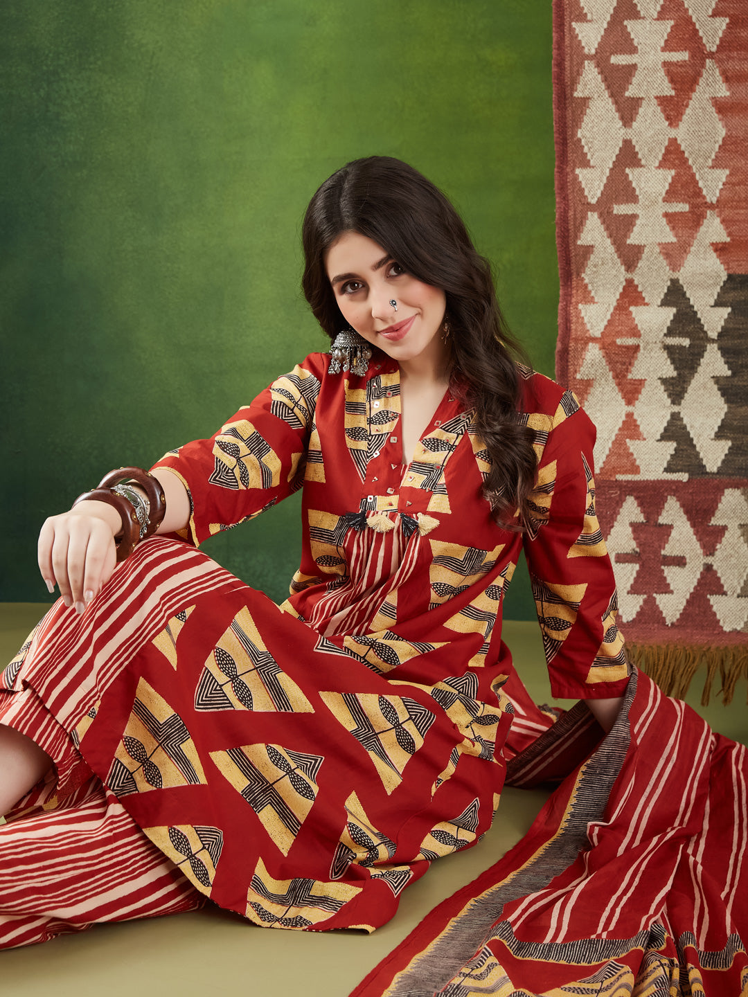 VASVI Women Cotton Printed Flared Kurta Set with Dupatta, Rust