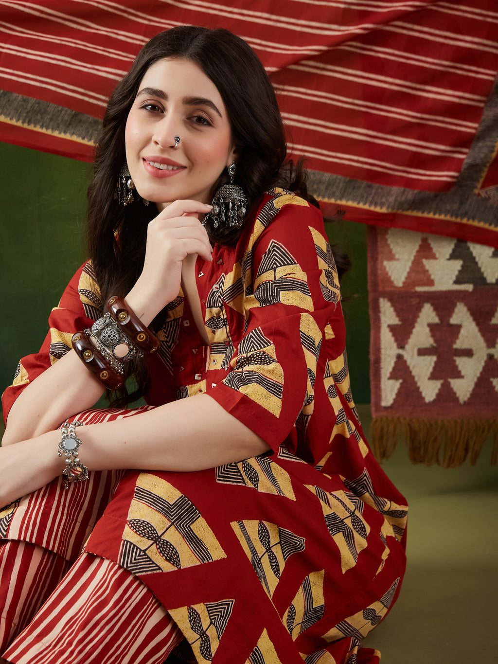 VASVI Women Cotton Printed Flared Kurta Set with Dupatta, Rust