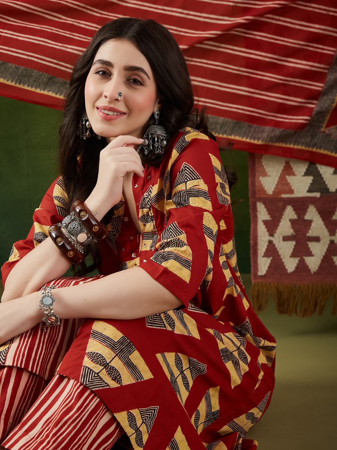 VASVI Women Cotton Printed Flared Kurta Set with Dupatta, Rust