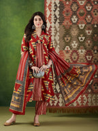 VASVI Women Cotton Printed Flared Kurta Set with Dupatta, Rust