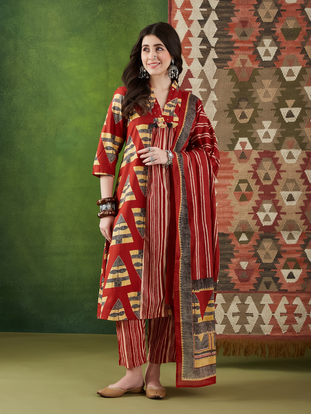 VASVI Women Cotton Printed Flared Kurta Set with Dupatta, Rust