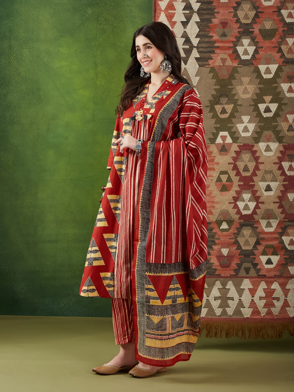 VASVI Women Cotton Printed Flared Kurta Set with Dupatta, Rust