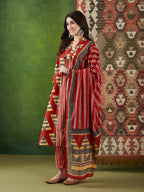 VASVI Women Cotton Printed Flared Kurta Set with Dupatta, Rust