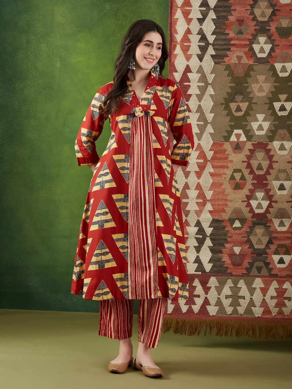 VASVI Women Cotton Printed Flared Kurta Set with Dupatta, Rust
