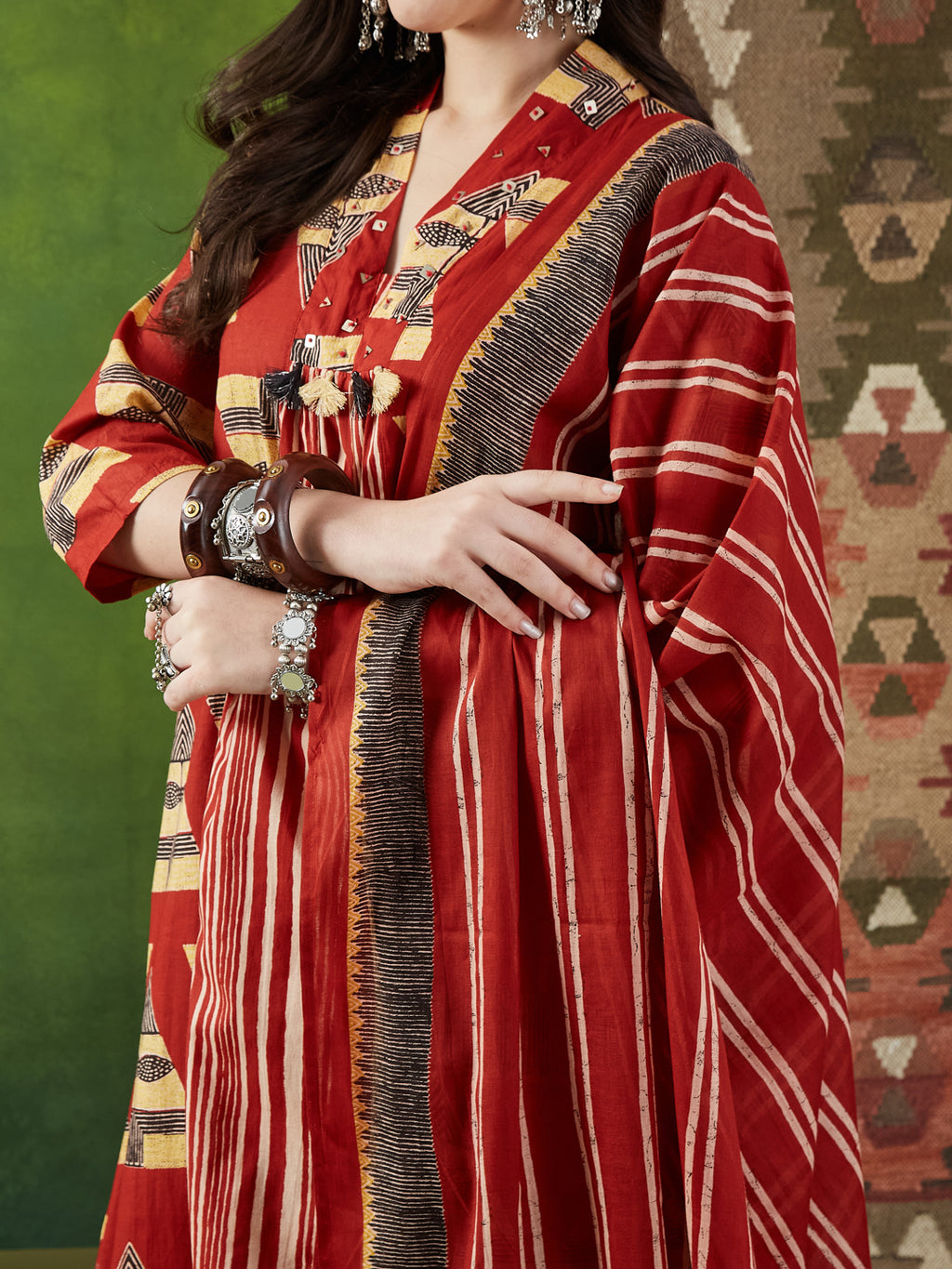 VASVI Women Cotton Printed Flared Kurta Set with Dupatta, Rust