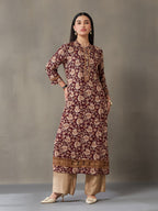 VASVI Women Rayon Floral Printed Straight Kurta, Maroon