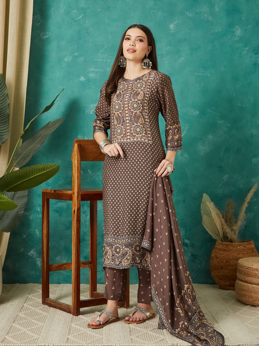 VASVI Muslin Printed Adda Work Straight Kurta Pant with Dupatta, Brown