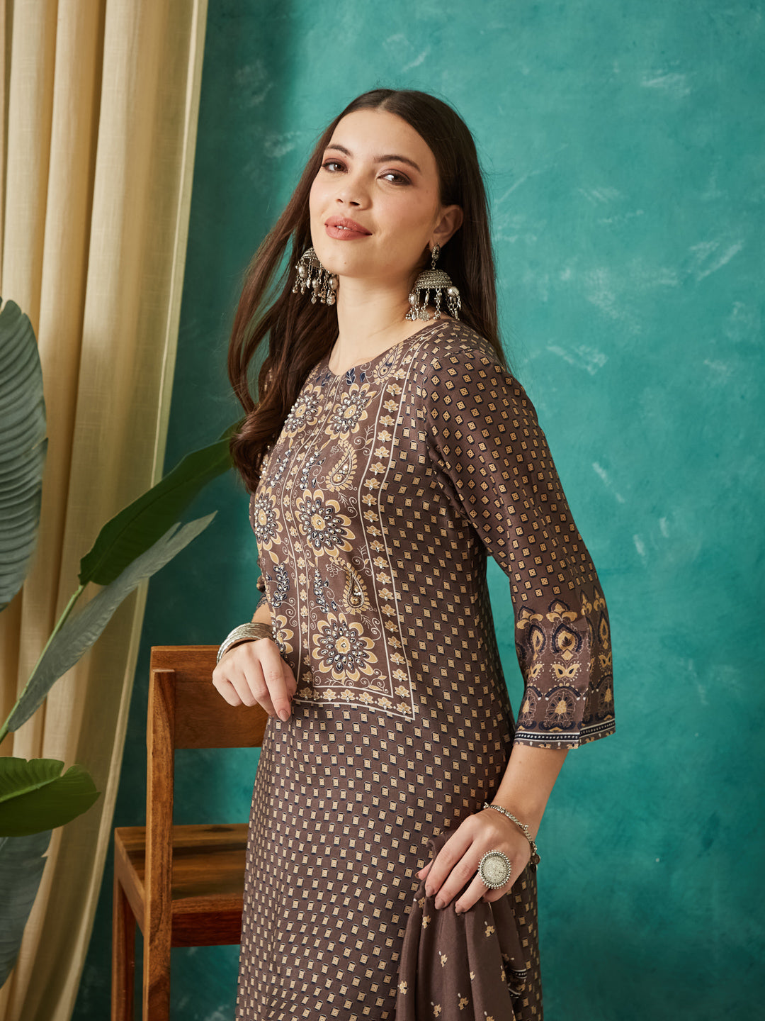 VASVI Muslin Printed Adda Work Straight Kurta Pant with Dupatta, Brown