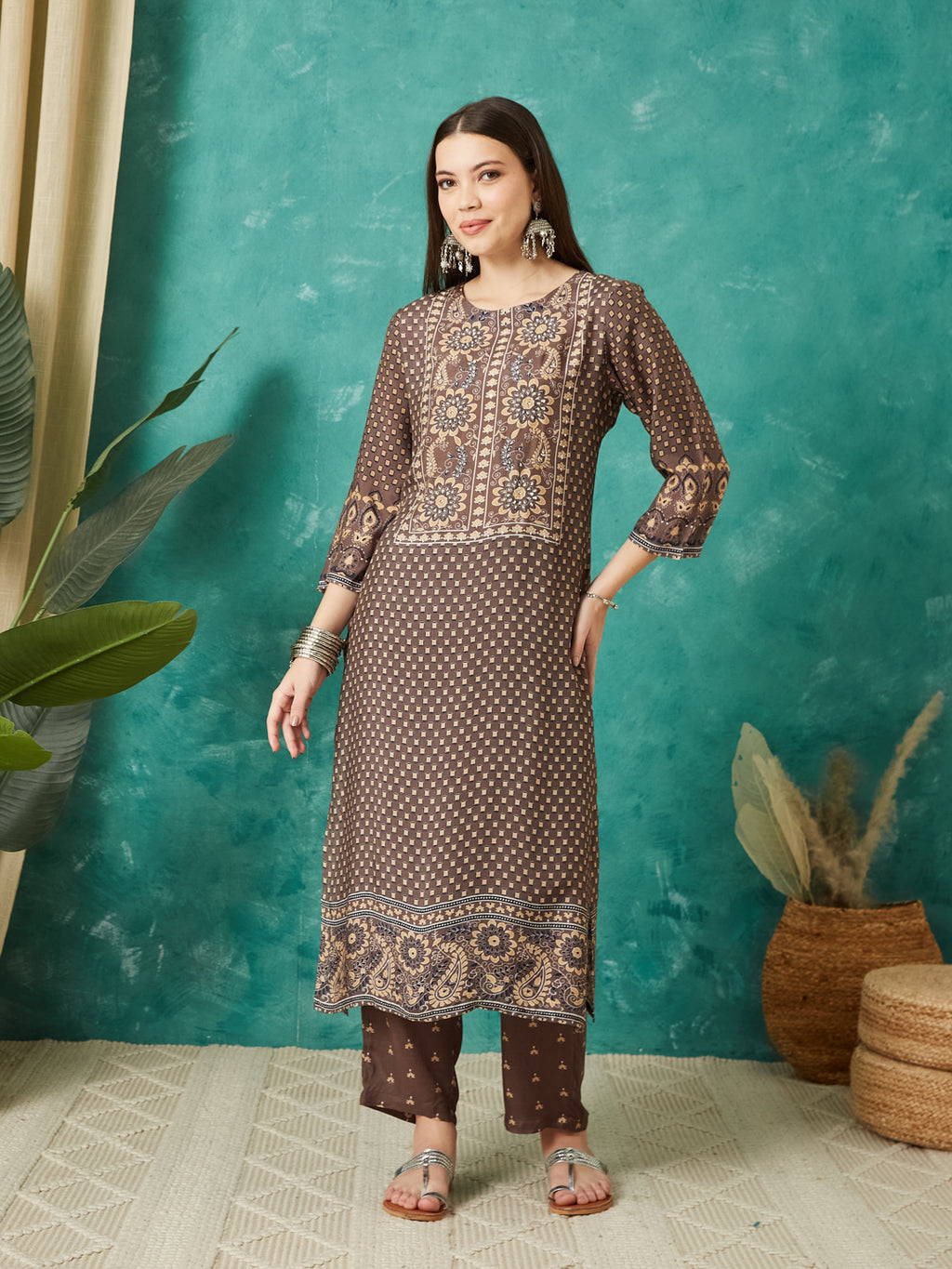 VASVI Muslin Printed Adda Work Straight Kurta Pant with Dupatta, Brown