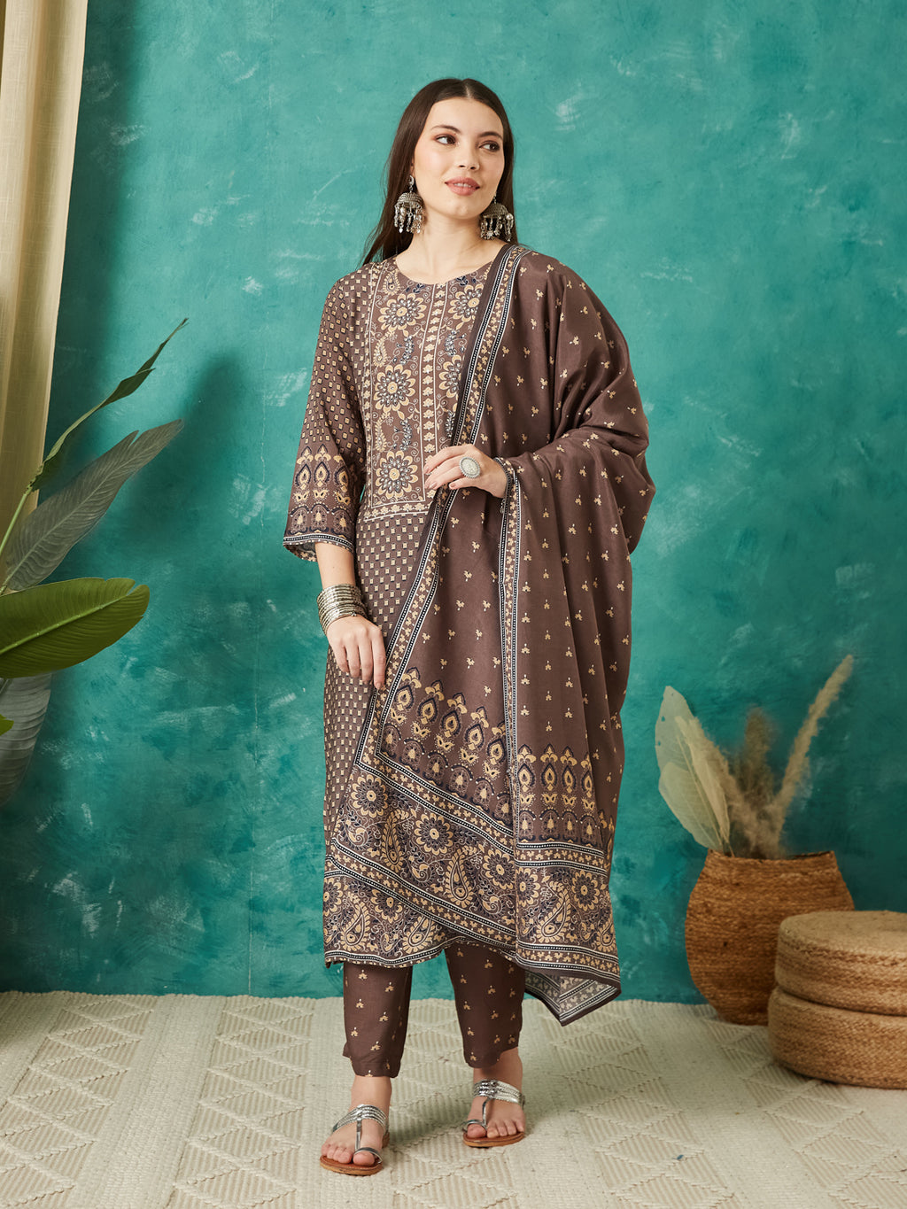 VASVI Muslin Printed Adda Work Straight Kurta Pant with Dupatta, Brown