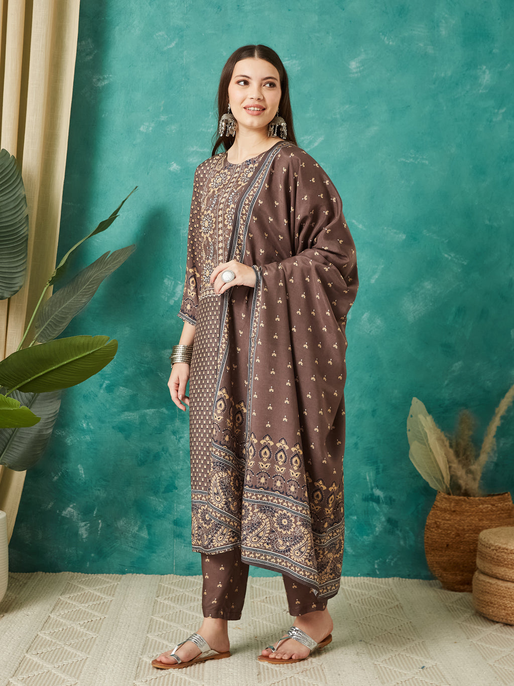 VASVI Muslin Printed Adda Work Straight Kurta Pant with Dupatta, Brown
