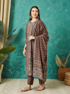 VASVI Muslin Printed Adda Work Straight Kurta Pant with Dupatta, Brown