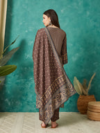 VASVI Muslin Printed Adda Work Straight Kurta Pant with Dupatta, Brown