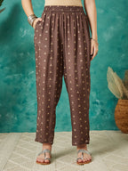 VASVI Muslin Printed Adda Work Straight Kurta Pant with Dupatta, Brown