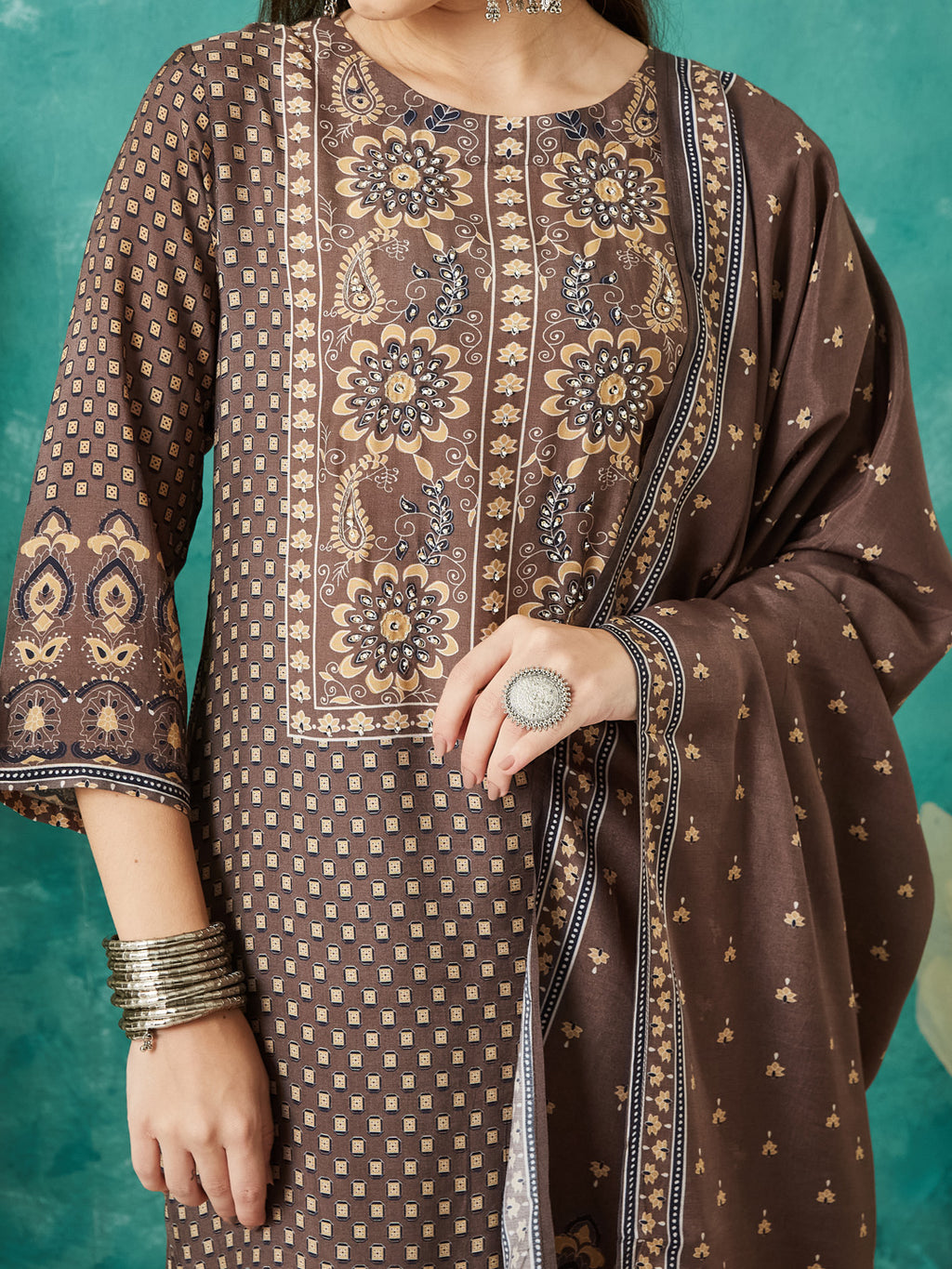 VASVI Muslin Printed Adda Work Straight Kurta Pant with Dupatta, Brown