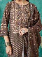 VASVI Muslin Printed Adda Work Straight Kurta Pant with Dupatta, Brown