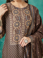 VASVI Muslin Printed Adda Work Straight Kurta Pant with Dupatta, Brown