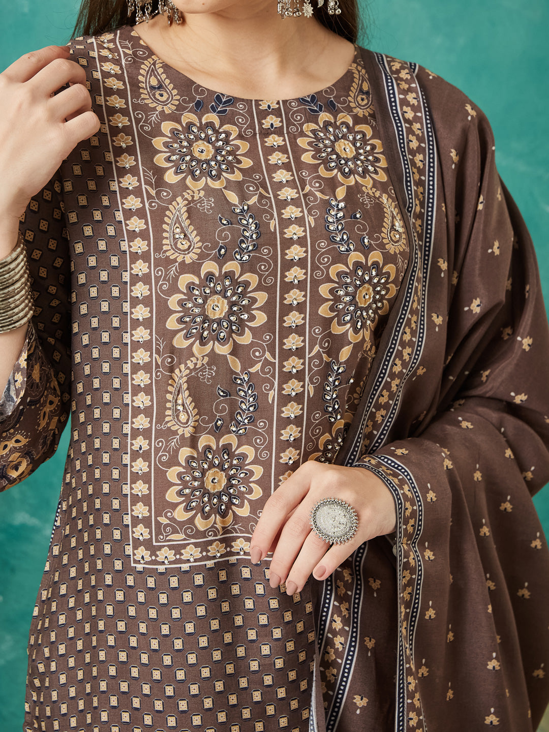 VASVI Muslin Printed Adda Work Straight Kurta Pant with Dupatta, Brown