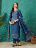 VASVI Women Muslin Printed Adda Work Kurta Set with Dupatta, Blue