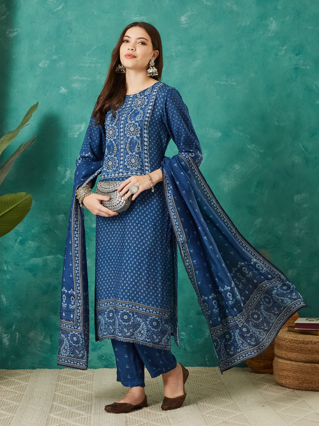 VASVI Women Muslin Printed Adda Work Kurta Set with Dupatta, Blue