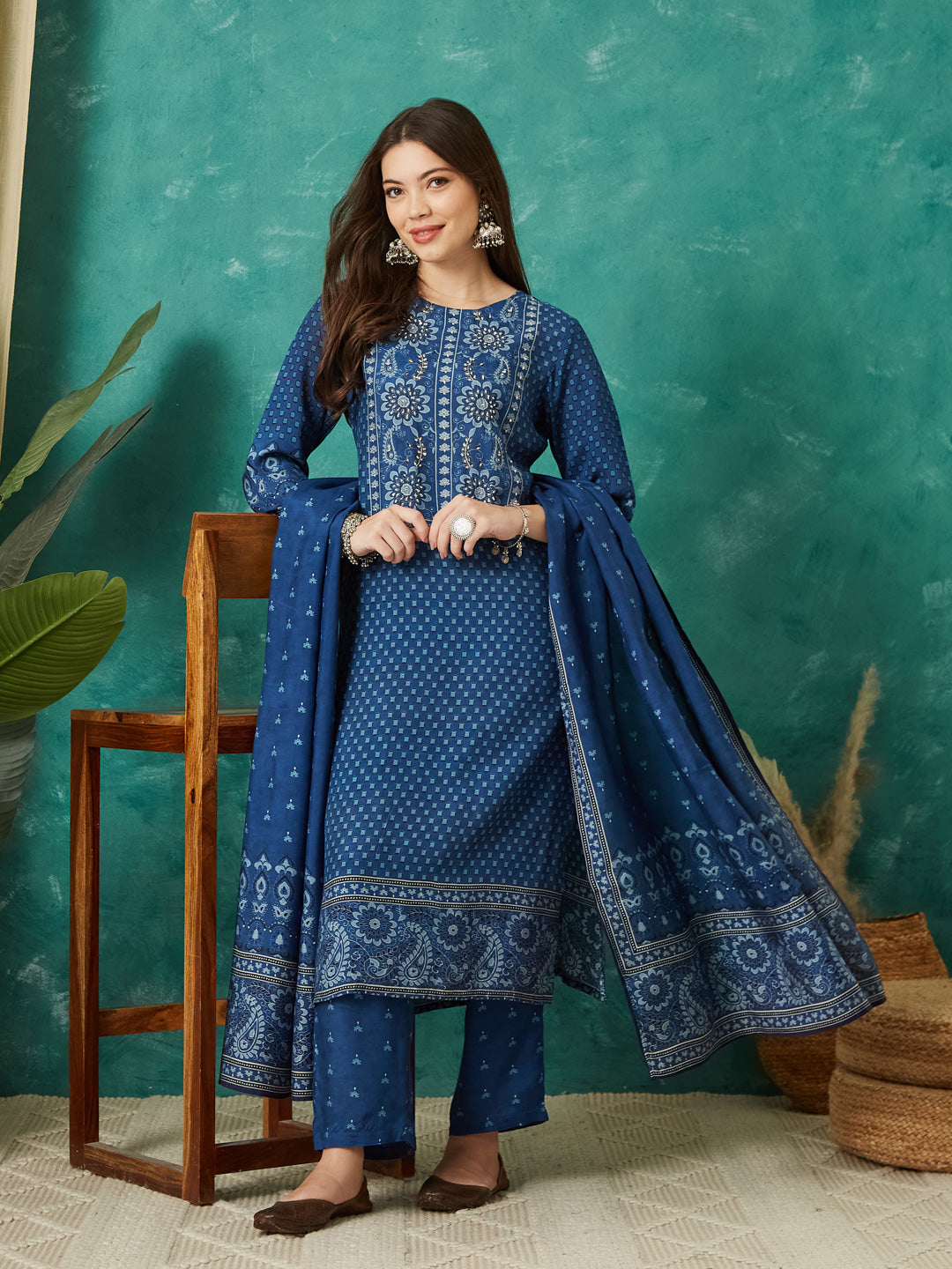 VASVI Women Muslin Printed Adda Work Kurta Set with Dupatta, Blue