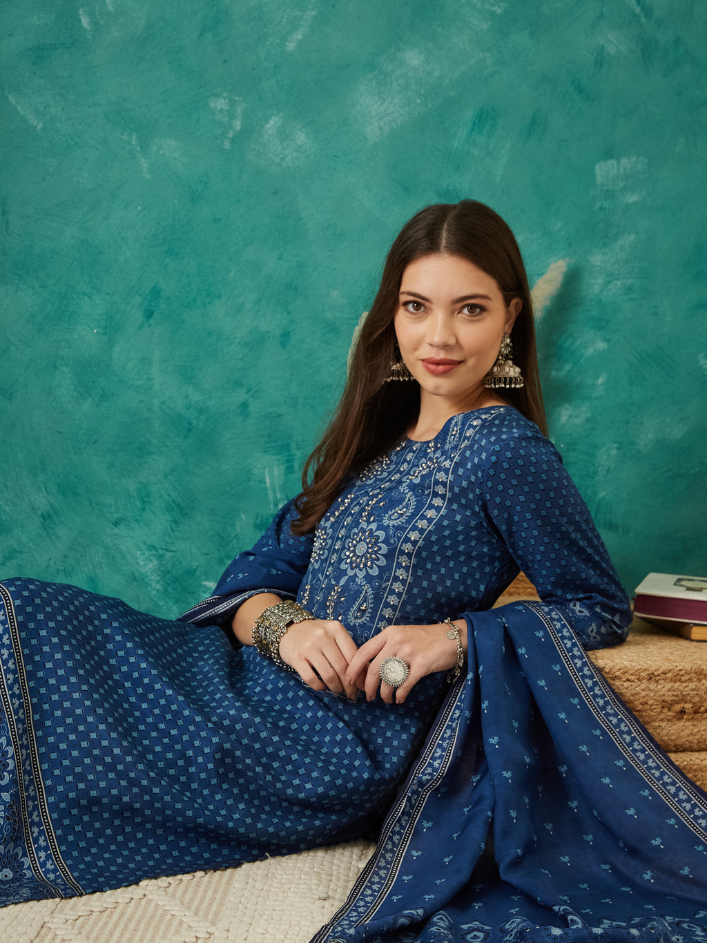 VASVI Women Muslin Printed Adda Work Kurta Set with Dupatta, Blue