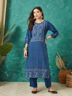 VASVI Women Muslin Printed Adda Work Kurta Set with Dupatta, Blue