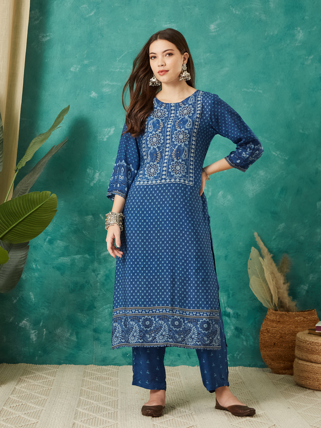 VASVI Women Muslin Printed Adda Work Kurta Set with Dupatta, Blue