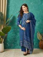 VASVI Women Muslin Printed Adda Work Kurta Set with Dupatta, Blue