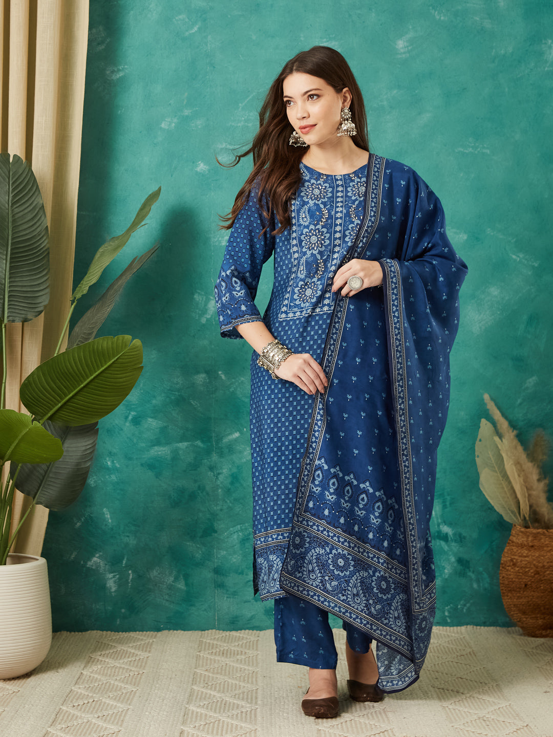 VASVI Women Muslin Printed Adda Work Kurta Set with Dupatta, Blue