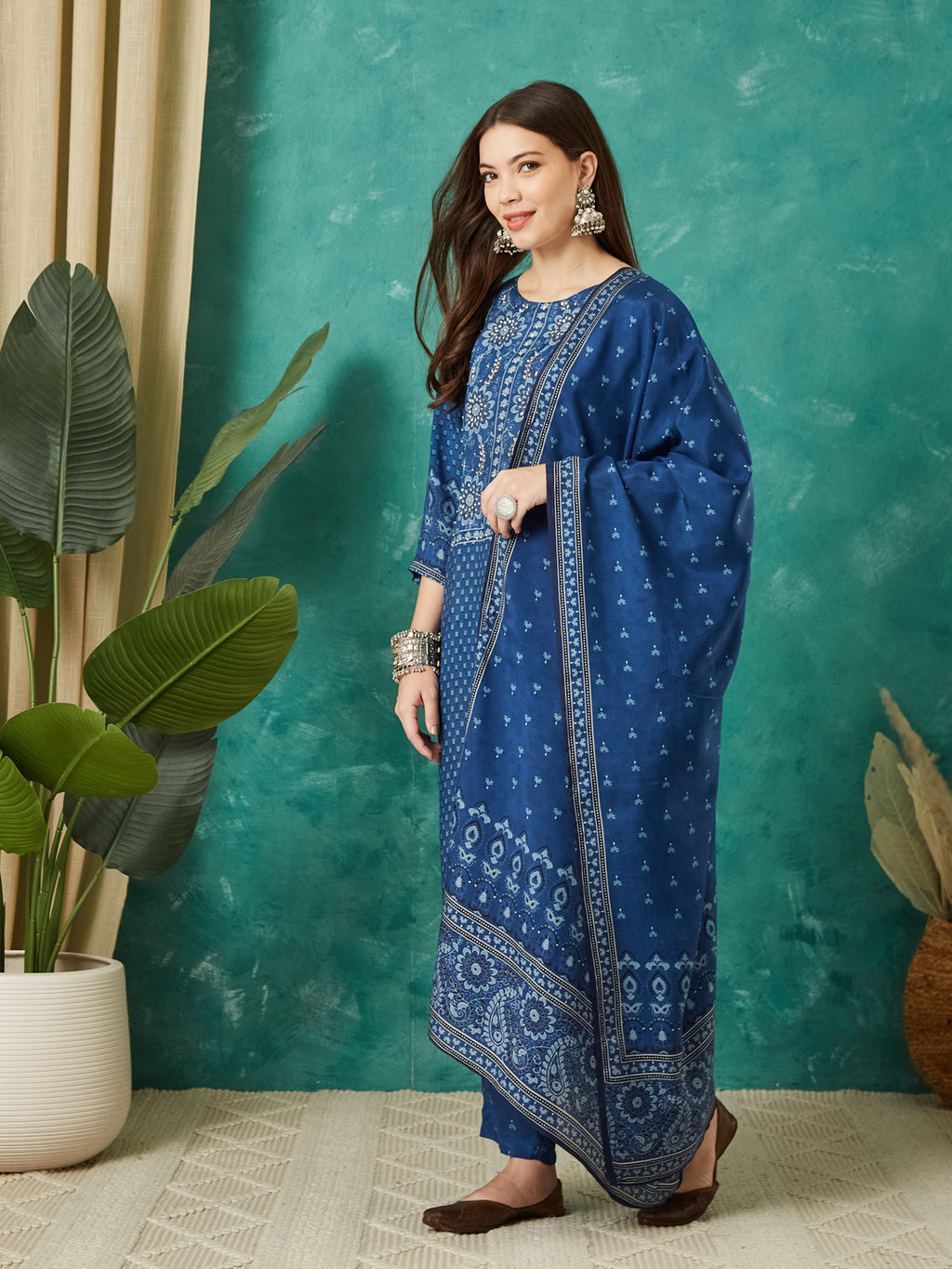 VASVI Women Muslin Printed Adda Work Kurta Set with Dupatta, Blue