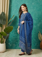 VASVI Women Muslin Printed Adda Work Kurta Set with Dupatta, Blue